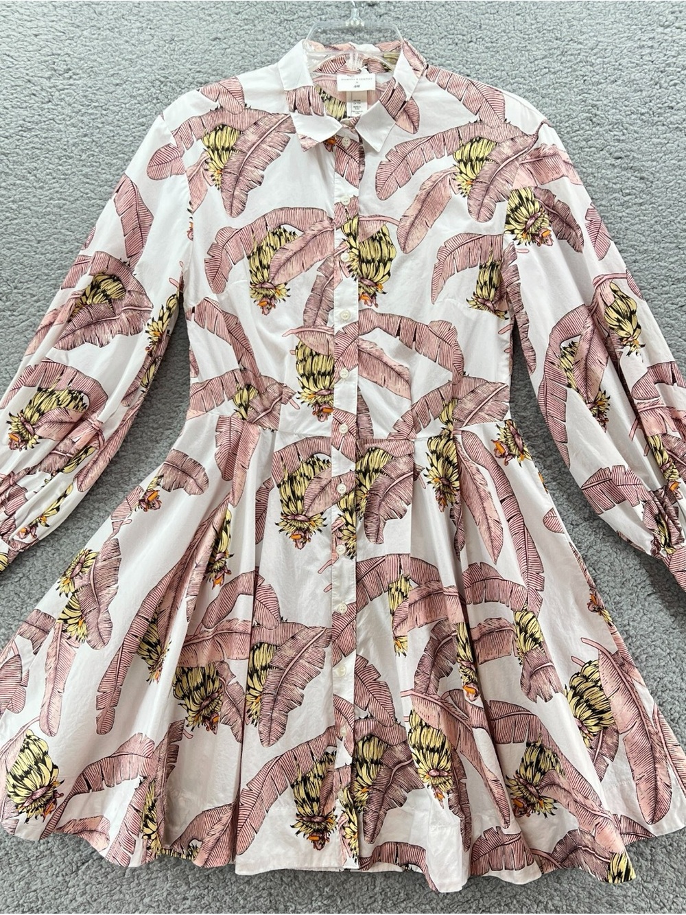Divided Button-Front Tunic Shirt in White with Pink Banana Print